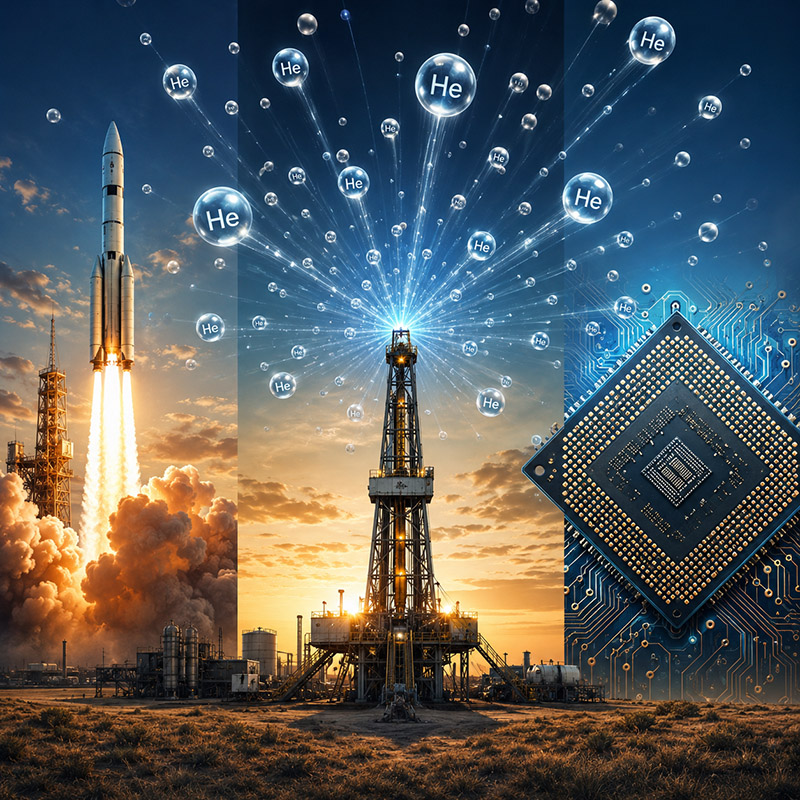Helium escaping an oil rig, centred between a space rocket and a microchip