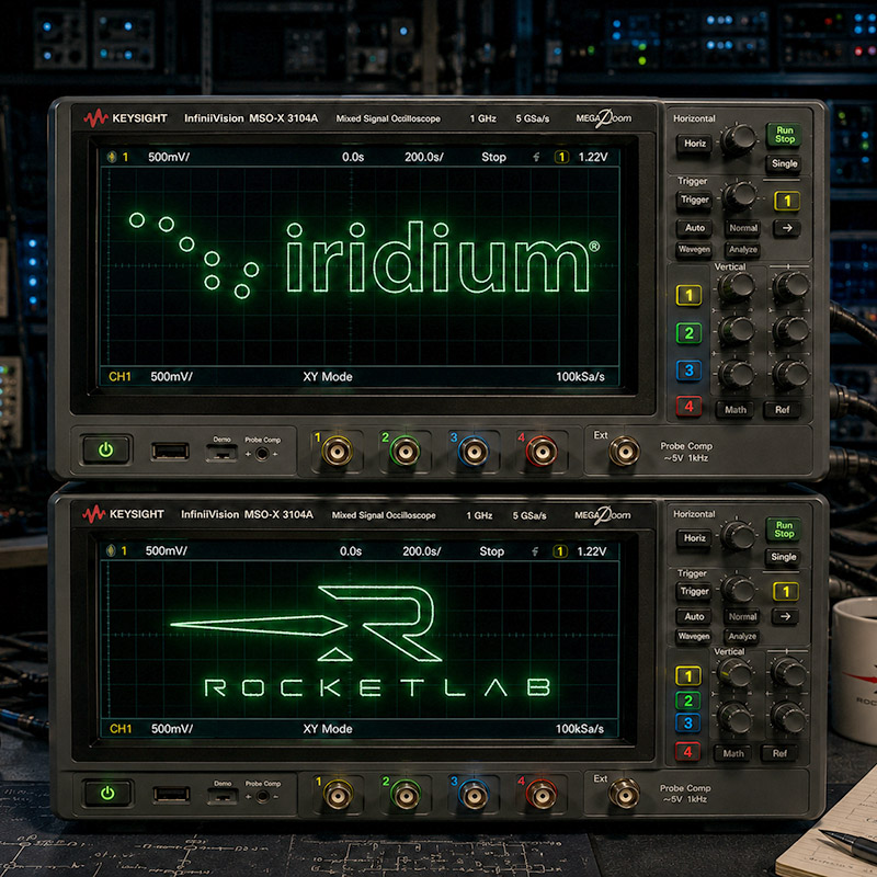 Iridium & Rocket Lab logos on oscilliscope screen
